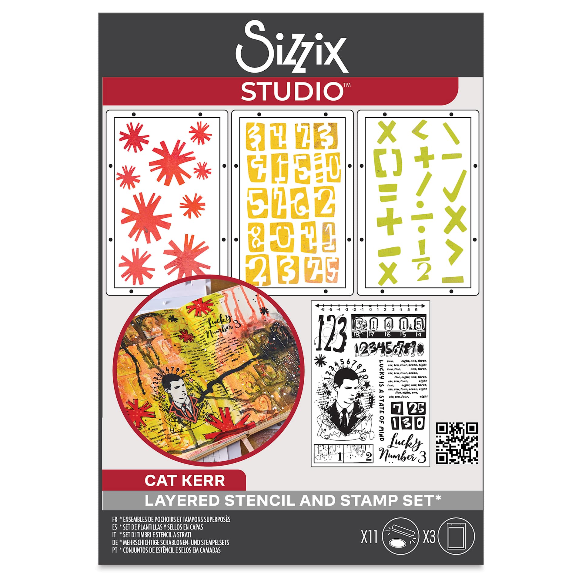 Sizzix Studio Layered Stencil and Stamp Set - Set of 14, Strength in Numbers front of packaging