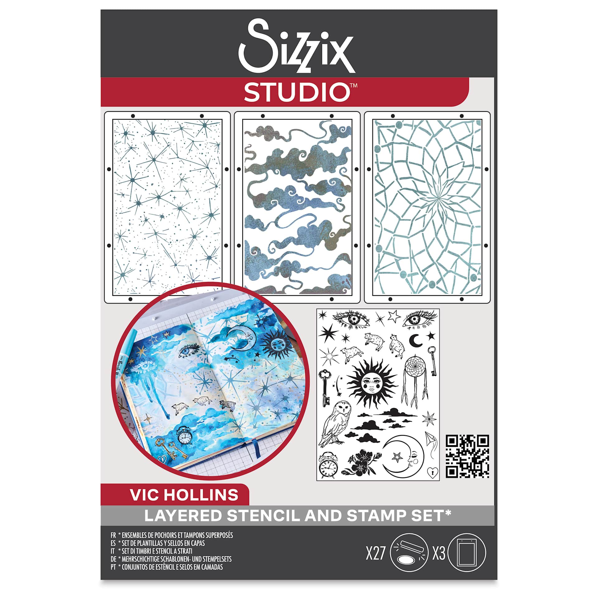 Sizzix Studio Layered Stencil and Stamp Set - Set of 30, Dreamscape front of packaging