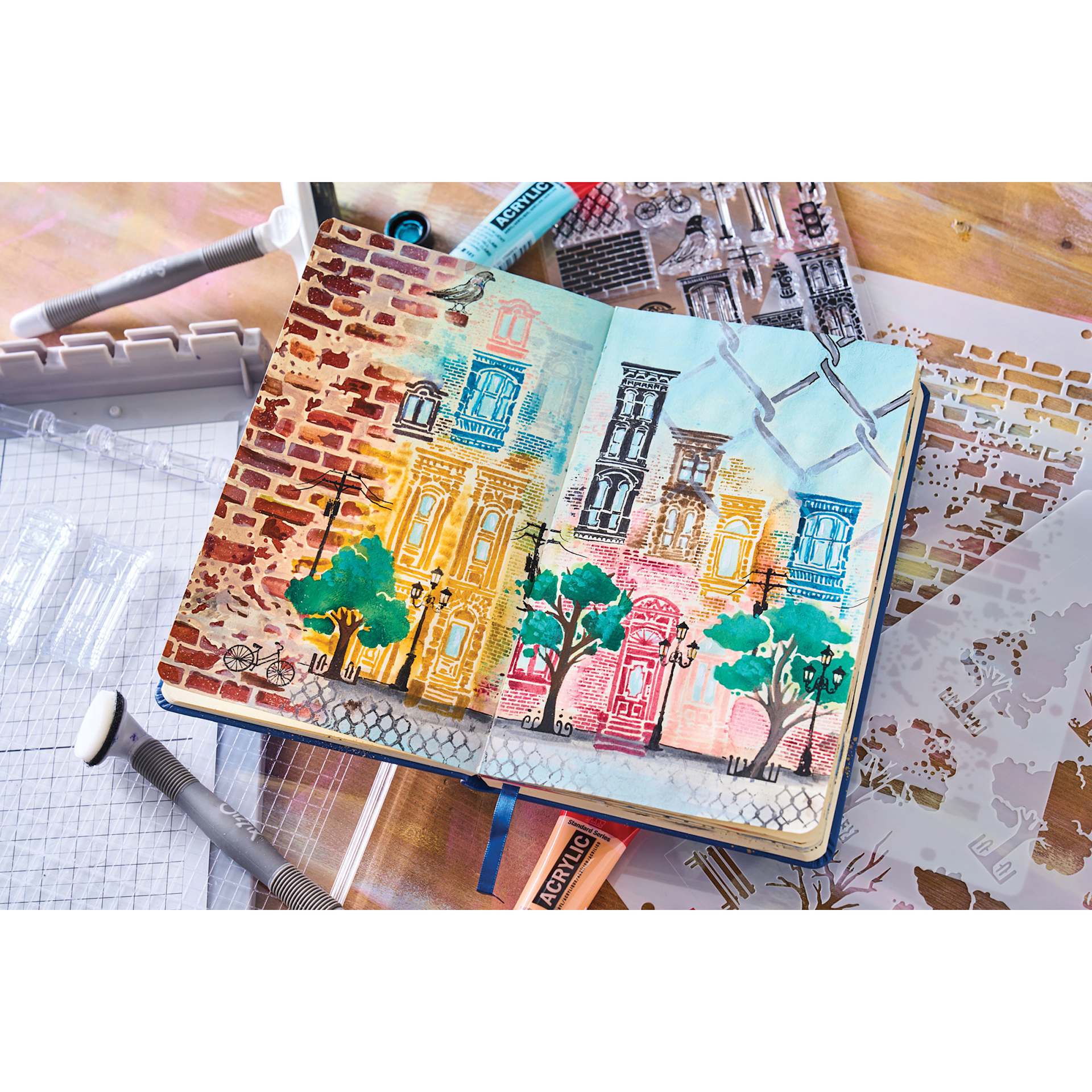 Sizzix Studio Layered Stencil and Stamp Set - Set of 23, City Life completed project