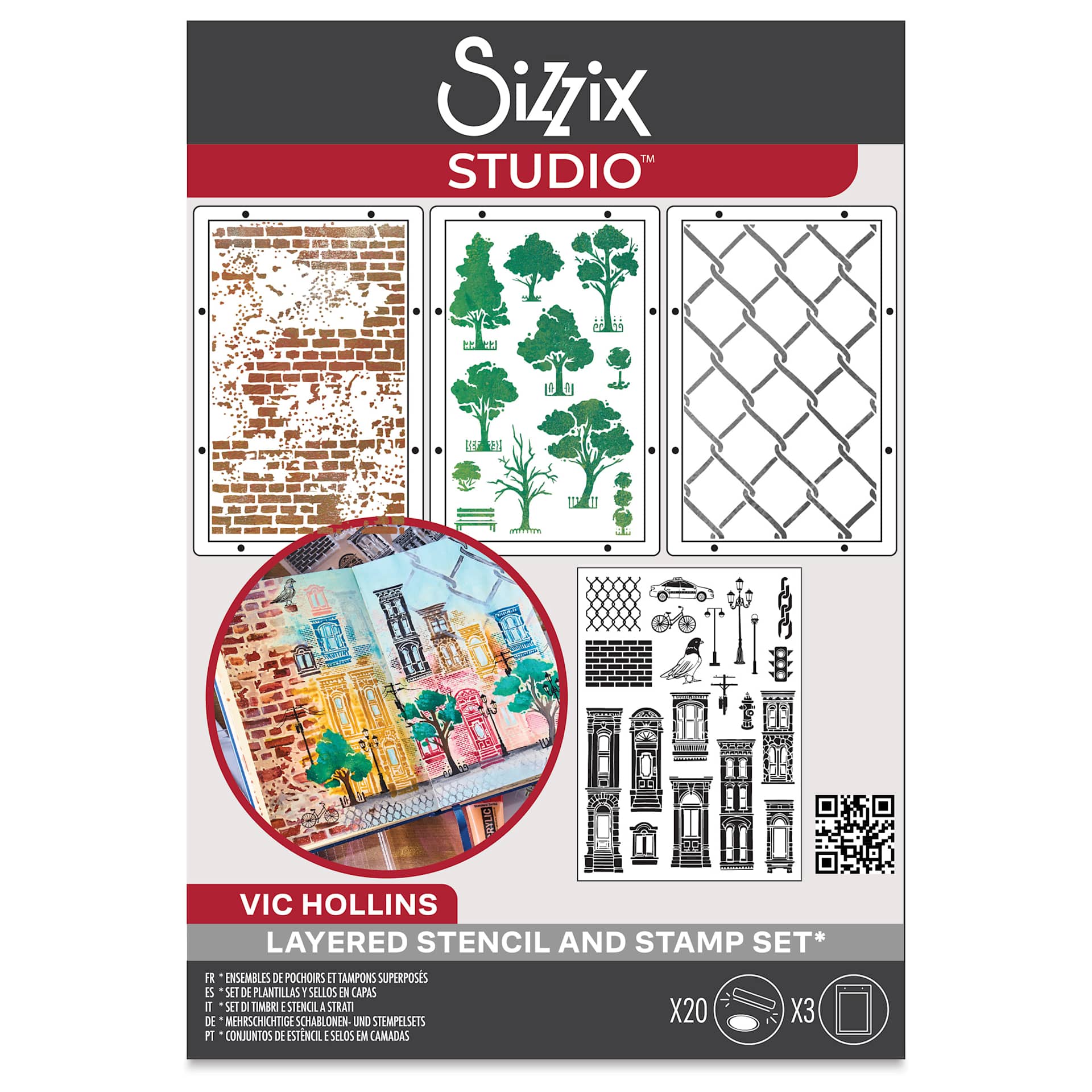 Sizzix Studio Layered Stencil and Stamp Set - Set of 23, City Life front of packaging