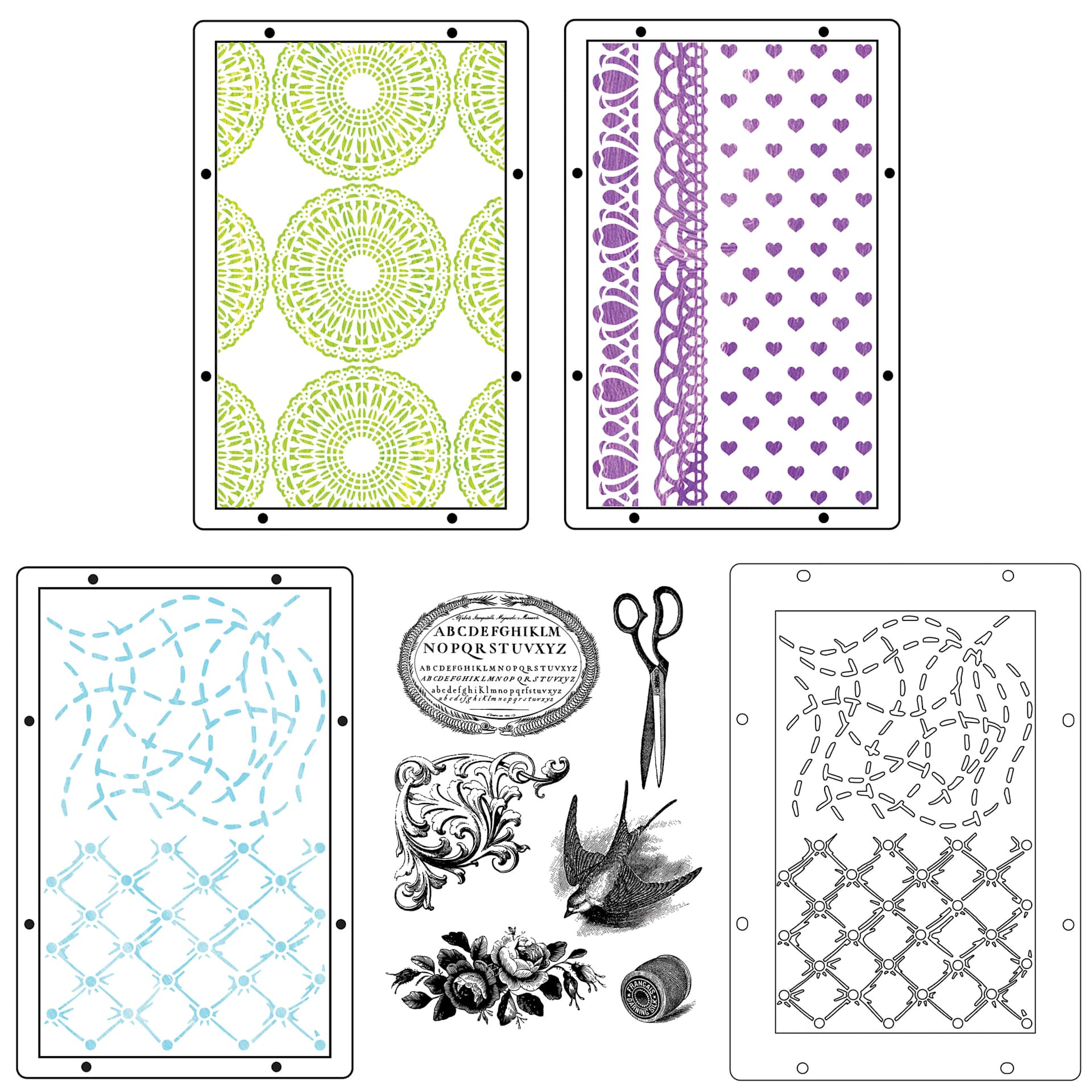 Sizzix Studio Layered Stencil and Stamp Set - Set of 9, Stitches A5