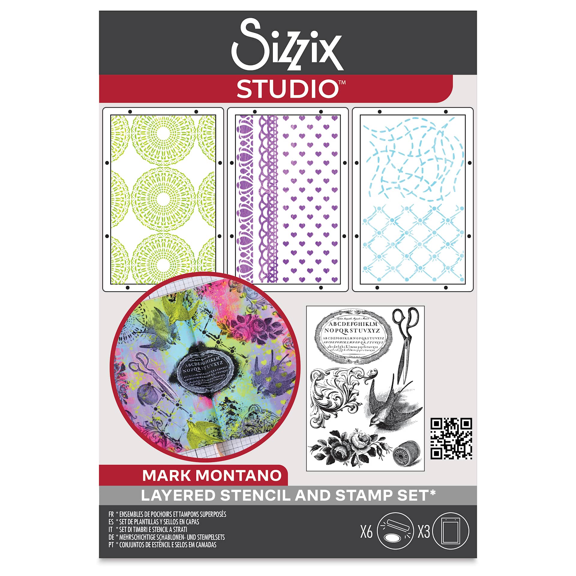 Sizzix Studio Layered Stencil and Stamp Set - Set of 9, Stitches A5 front of packaging