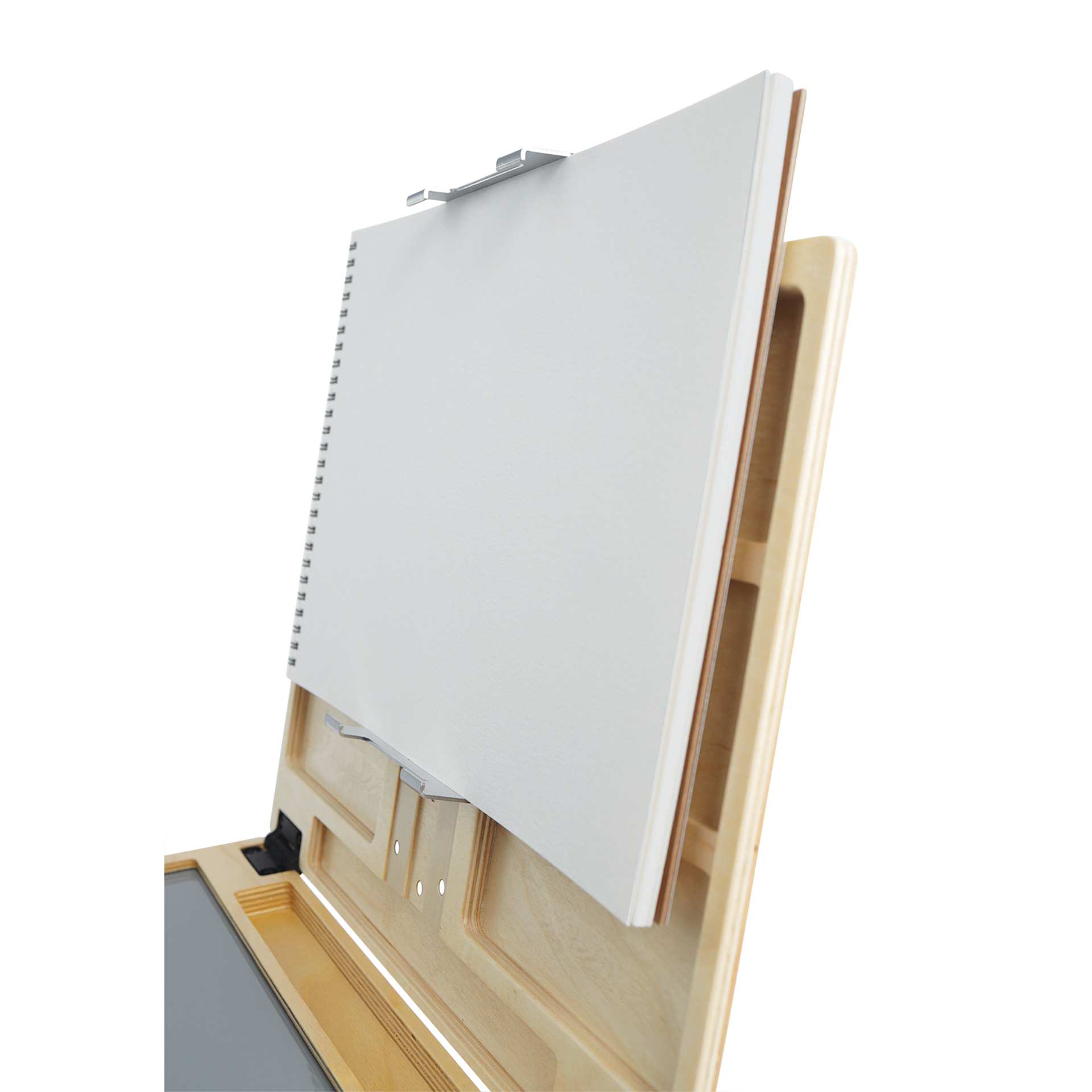 New Wave u.go Plein Air Stretched Canvas Holder, holder holding large sketch pad in pochade box (not included)