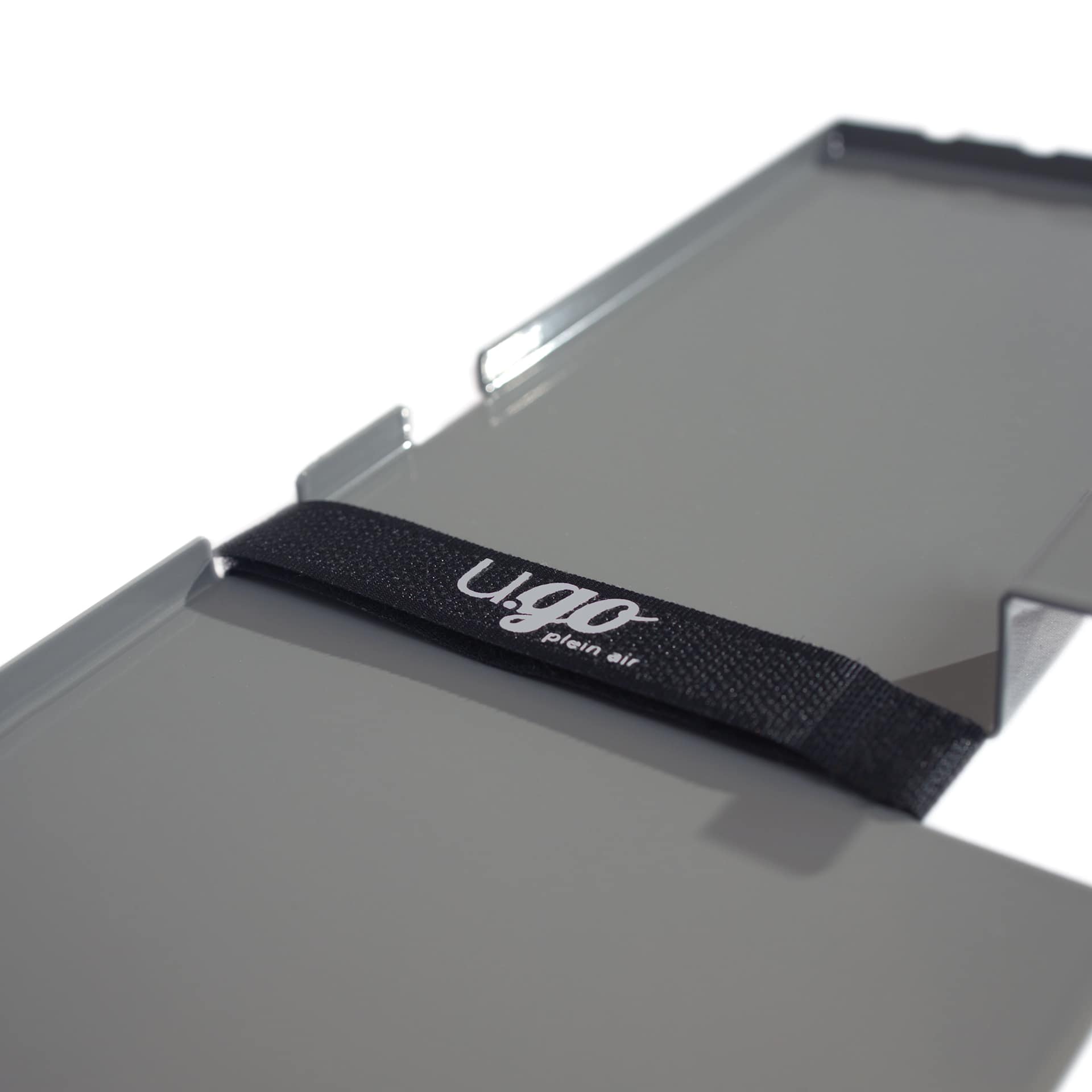New Wave u.go Plein Air Anywhere Metal Side Tray - 4" x 11" close up of brush strap