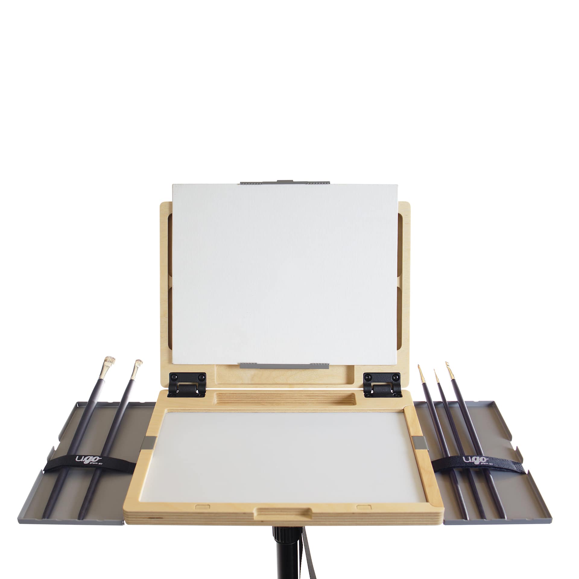 New Wave u.go Plein Air Anywhere Metal Side Tray - 4" x 11" attached to u.go Plein Air Anywhere Pochade and holding brushes (canvas, brushes, and poschade sold separately)