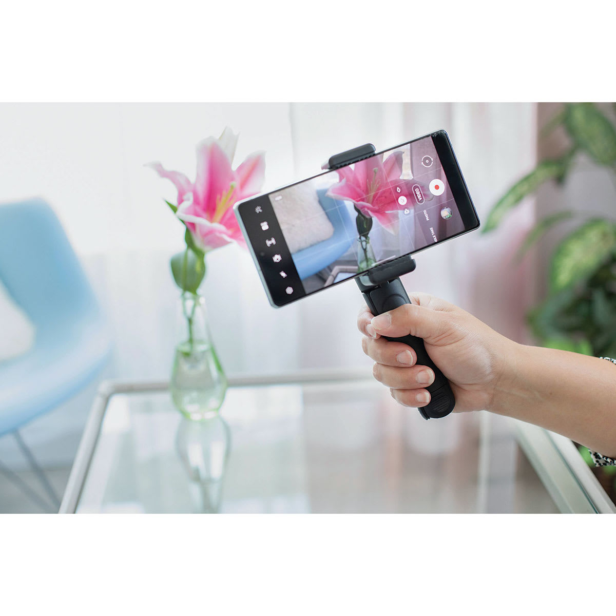 Artograph Mini Tripod Tabletop Stand (Legs folded down, Phone in phone clamp)