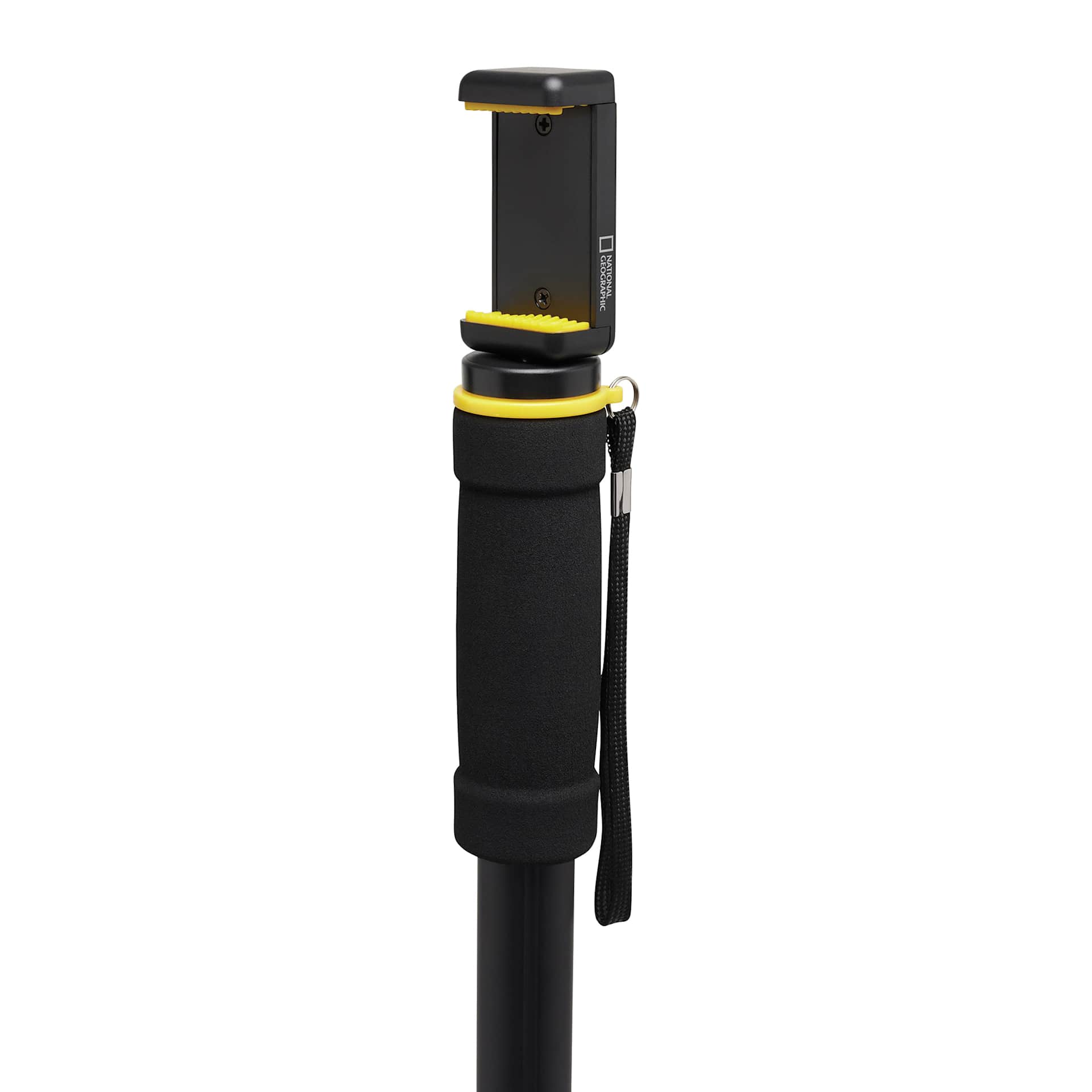 National Geographic Photo Monopod, close-up of the grip with the smartphone clamp attached