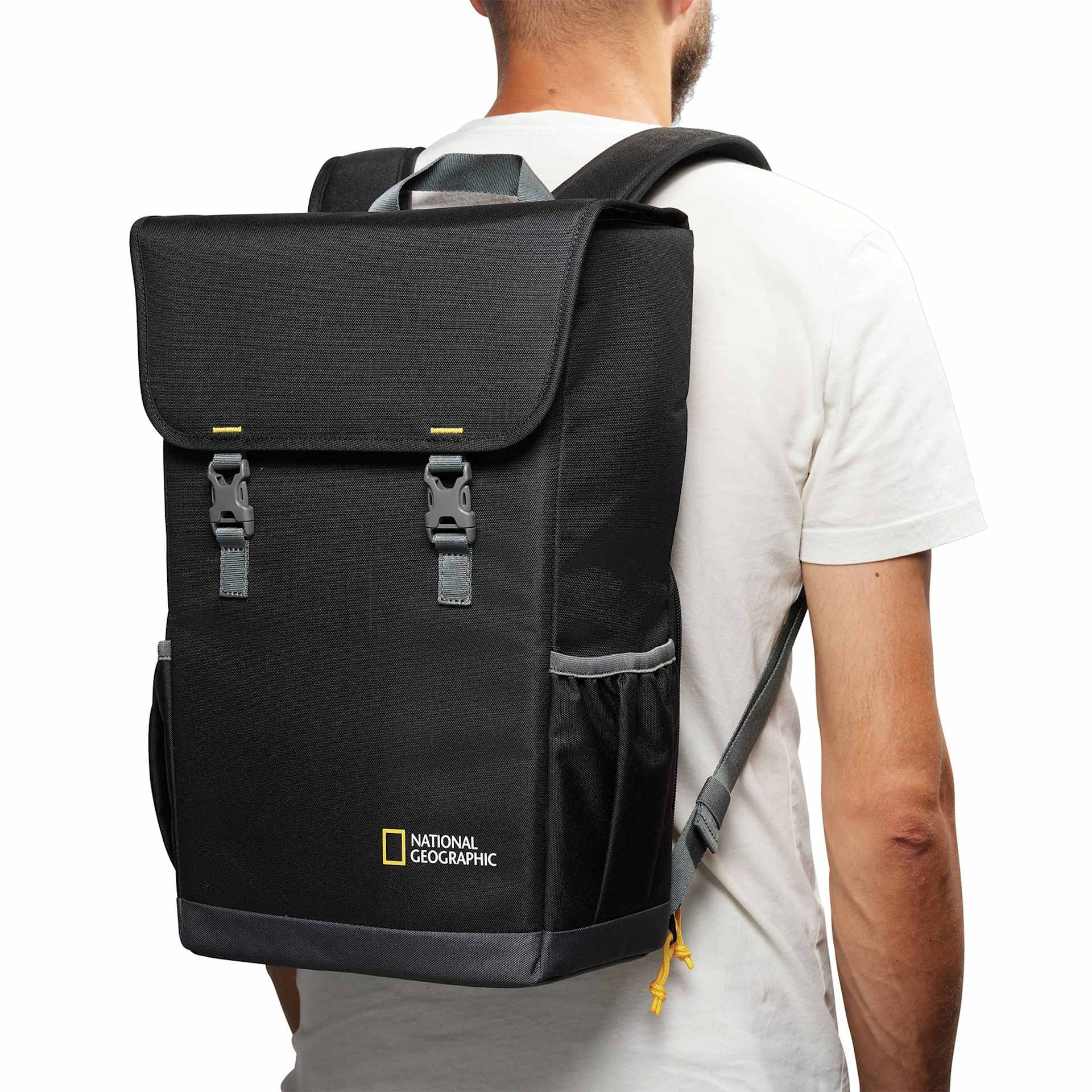 National Geographic Camera Backpack, adult carrying the backpack
