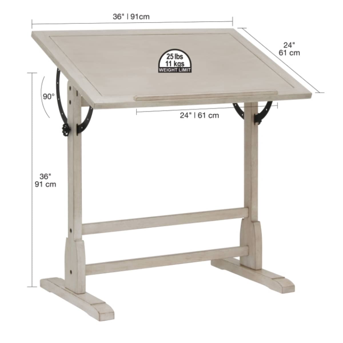 Studio Designs Vintage Drafting Table - Coastal Whitewash, 36" x 24" - dimensions
