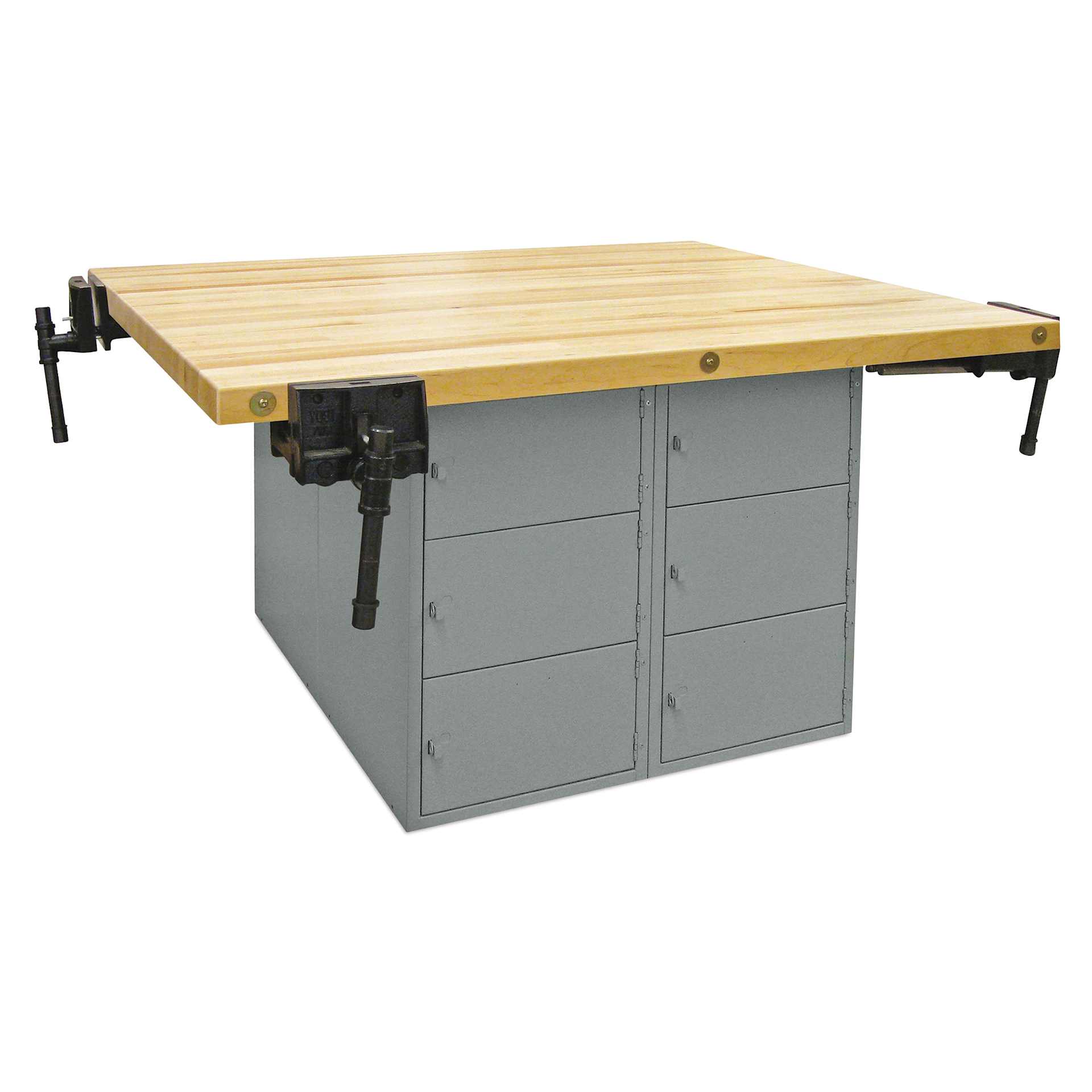 Hann Four-Station Locker-Type Workbench - Gray, horizontal locker with 4 Vises