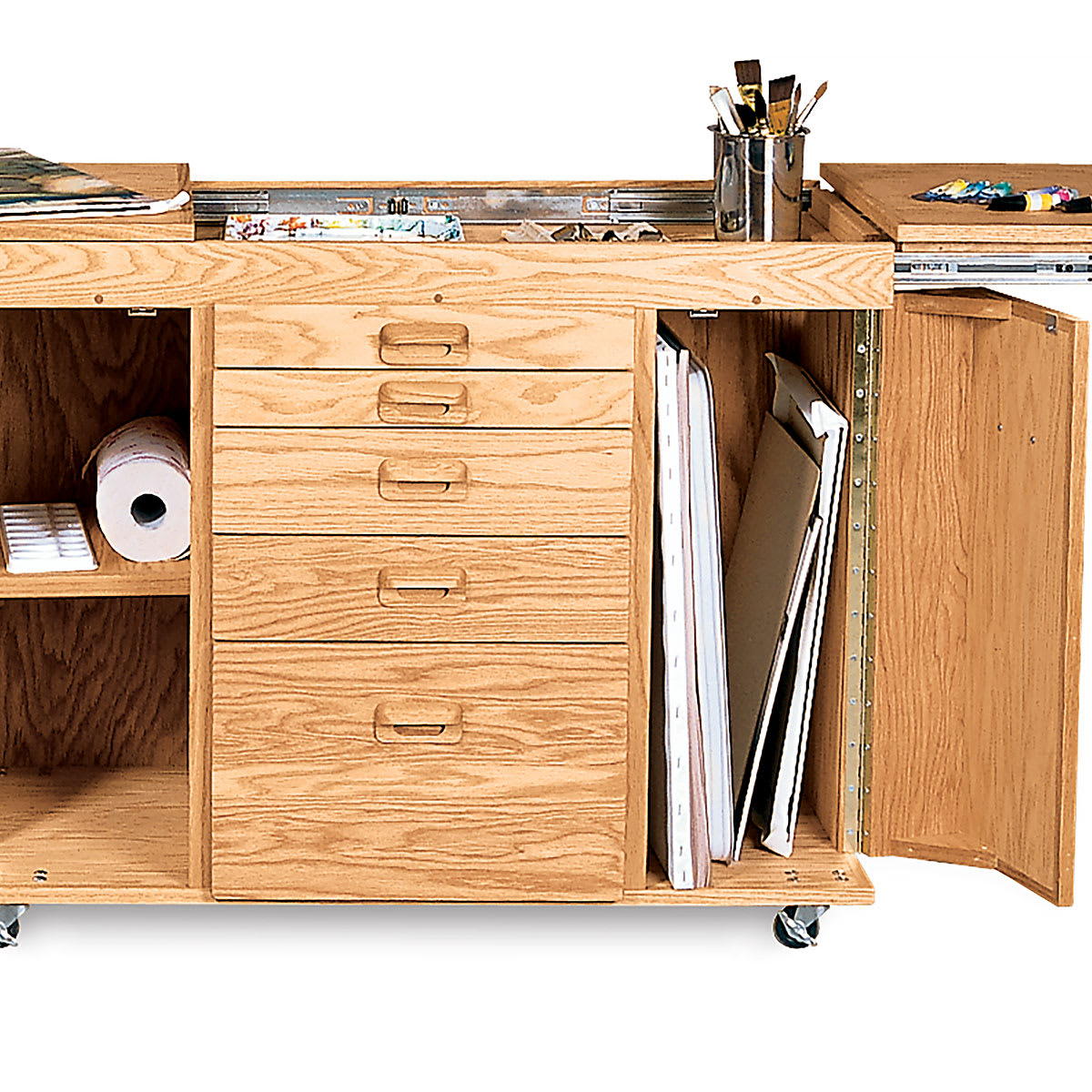 Shawn's Watercolor Station - opened showing canvas storage and Top work space with accessories