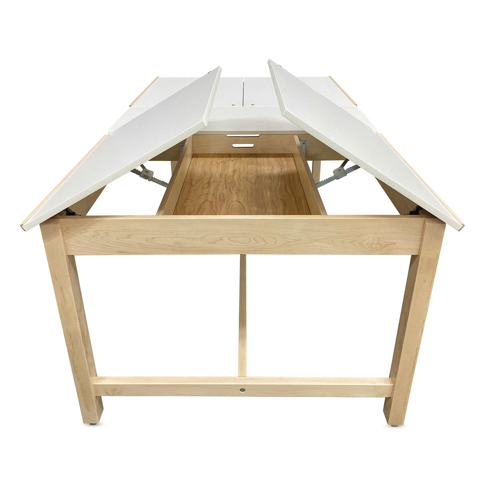 Hann Four-Station Drawing Table - 36" High, with Storage, side of the tables showing interior storage