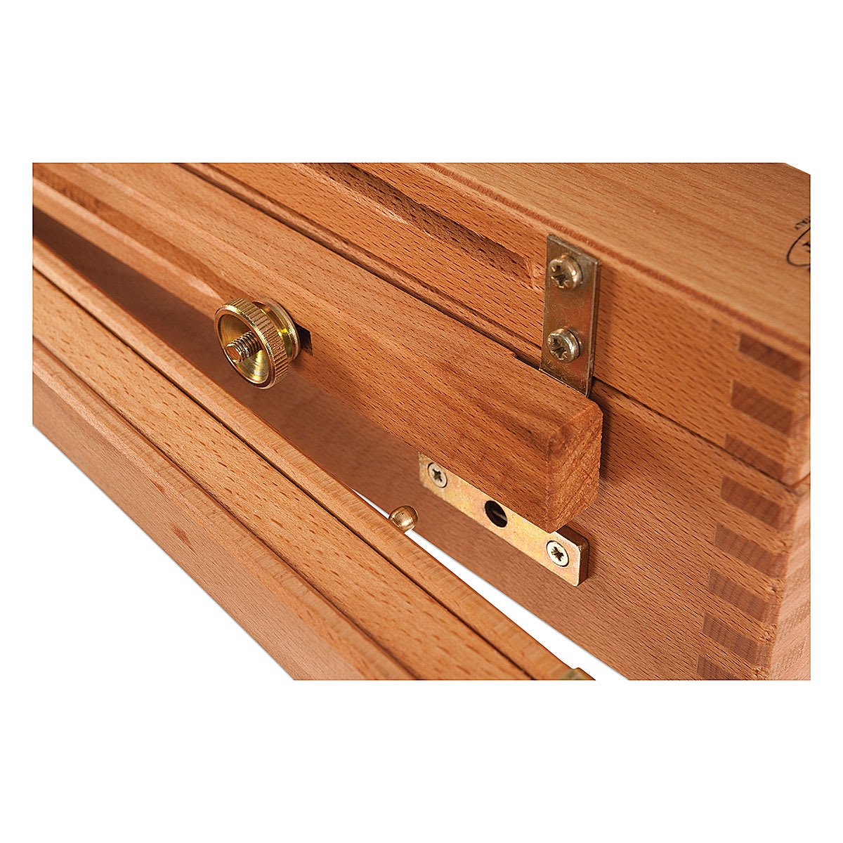 Mabef Sketchbox Easel - Closeup of brass hardware on easel