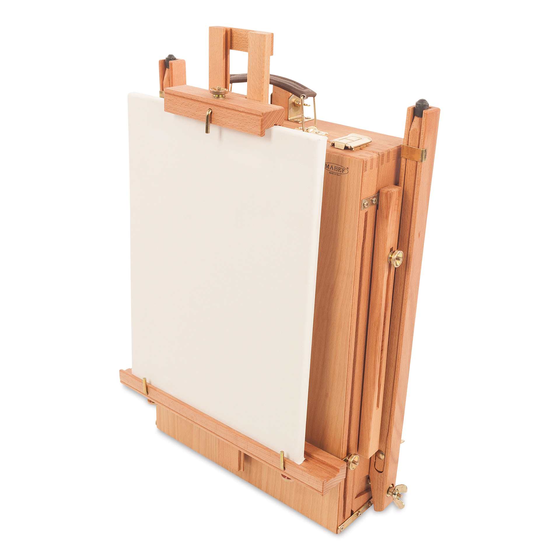 Mabef Sketchbox Easel M-22, easel folded down with blank canvas on the front