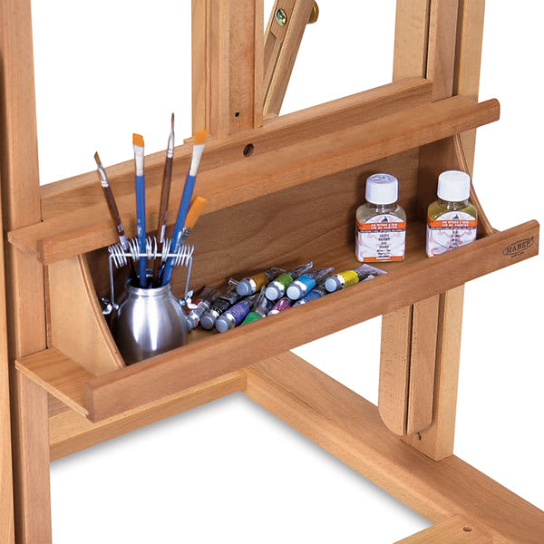 Mabef Convertible Easel - Closeup of Easel Tray with paints and brushes Mabef Convertible Easel - Closeup of Easel Tray with paints and brushes
