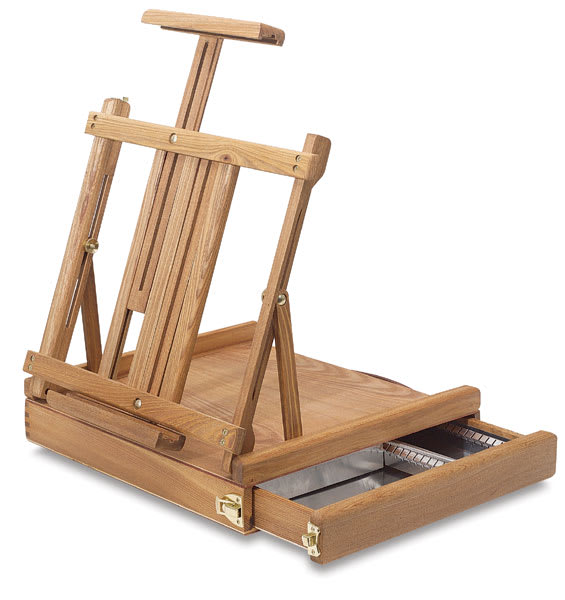 Jullian Plein Air Travel Box Table Easel shown with drawer open and easel up