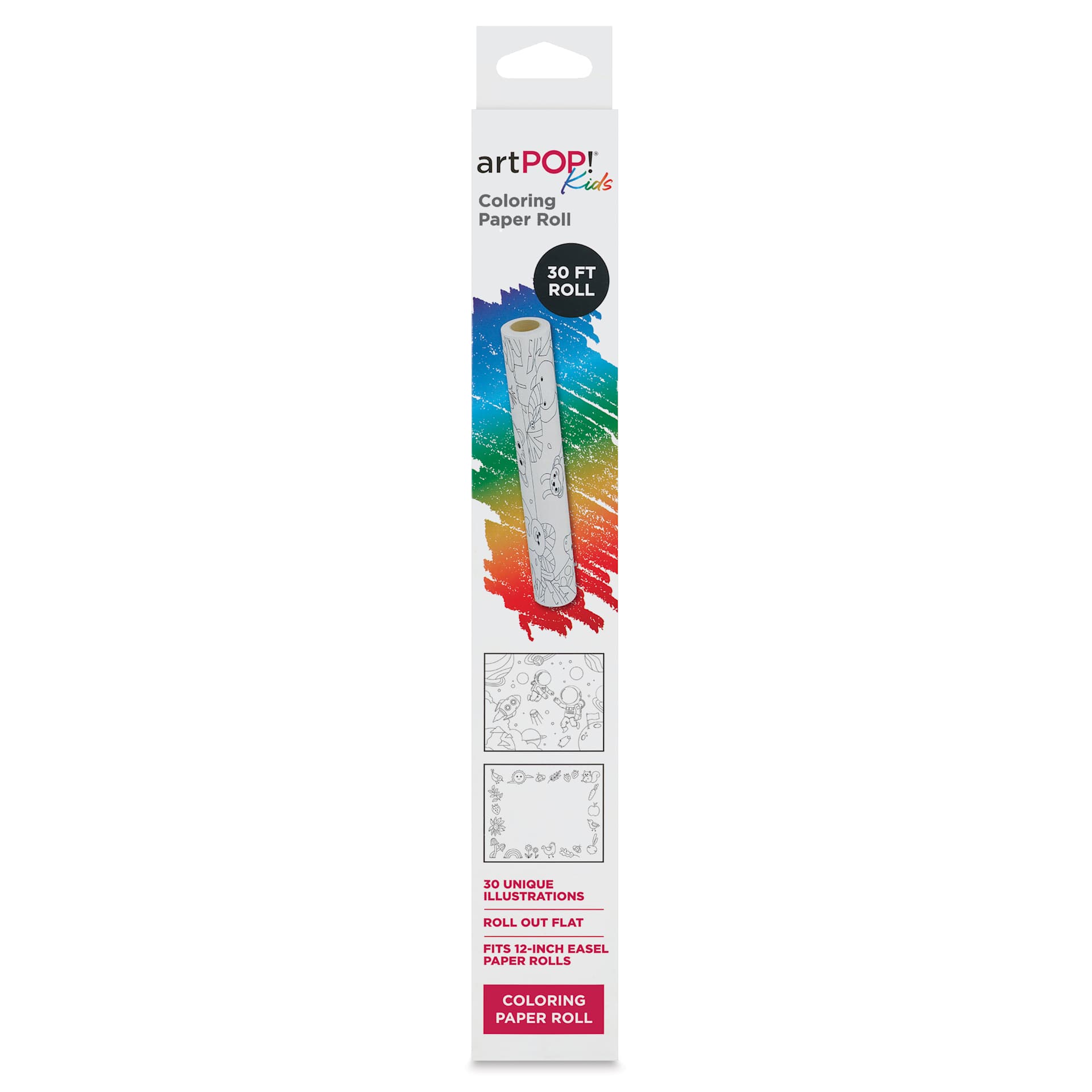 artPOP! Kids Illustrated Coloring Paper Roll - White, 12" x 30 ft, front of packaging