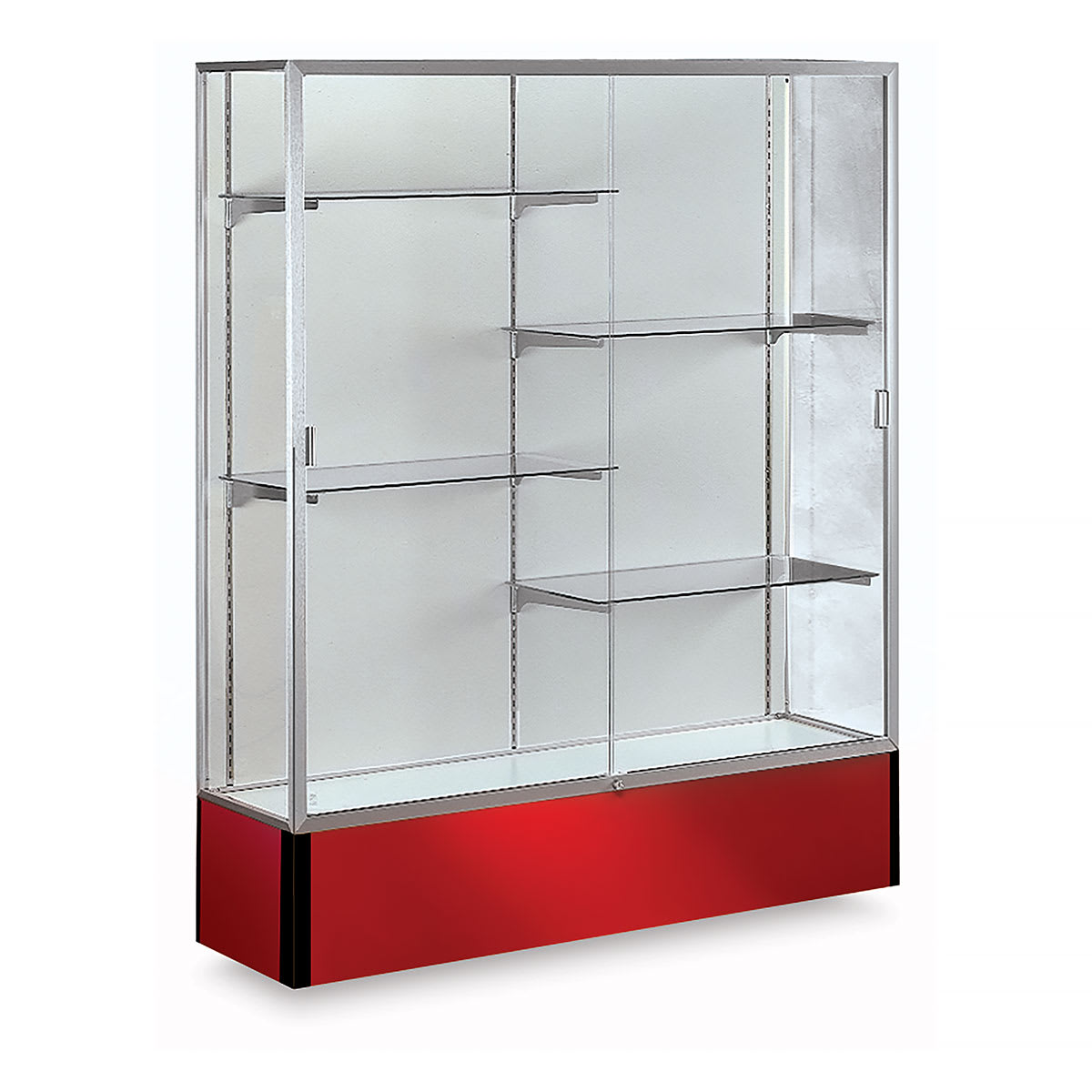 Spirit Series Display Case - Angled view of Satin Aluminum Frame with Red Base