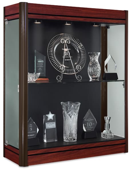 Contempo 36" Wall Display Case-side view showing locking door, glass shelf, cherry/bronze finish