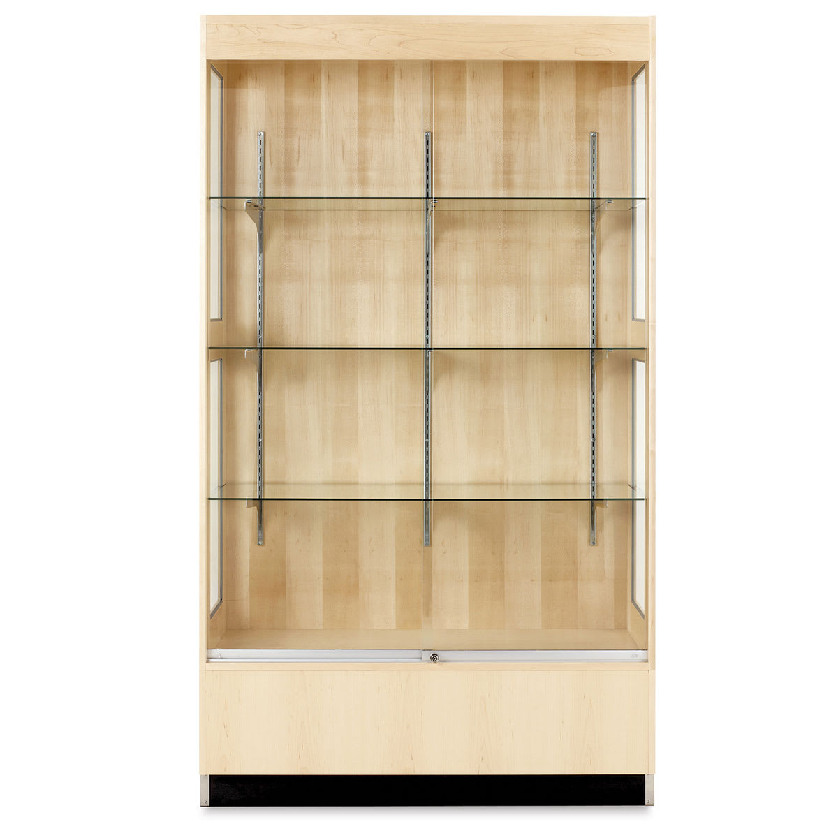 Premier Display Cabinet - front view with three glass shelves and locked glass sliding doors shown