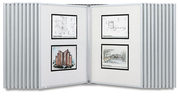 Multiplex Swinging Panel Display-20 panel hanging wall unit in silver shown with artwork