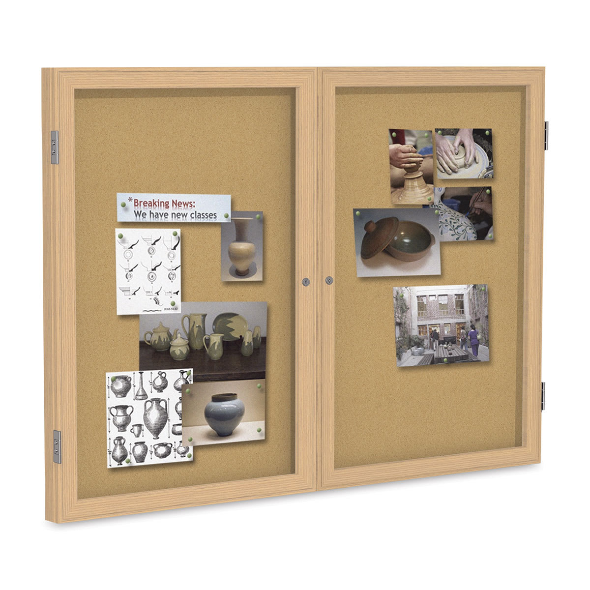 Ghent Natural Cork Bulletin Board - 60" x 36", 2 Door, Oak Frame