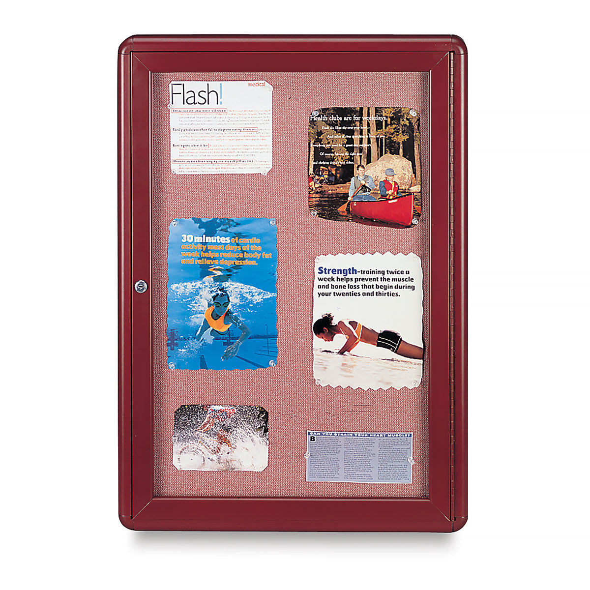 Ghent Ovation Radius Fabric Tackboard with single door and Burgundy trim