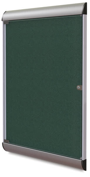 Ghent Enclosed Tackboard-right angle with metal frame, locking glass door shown in Ebony color