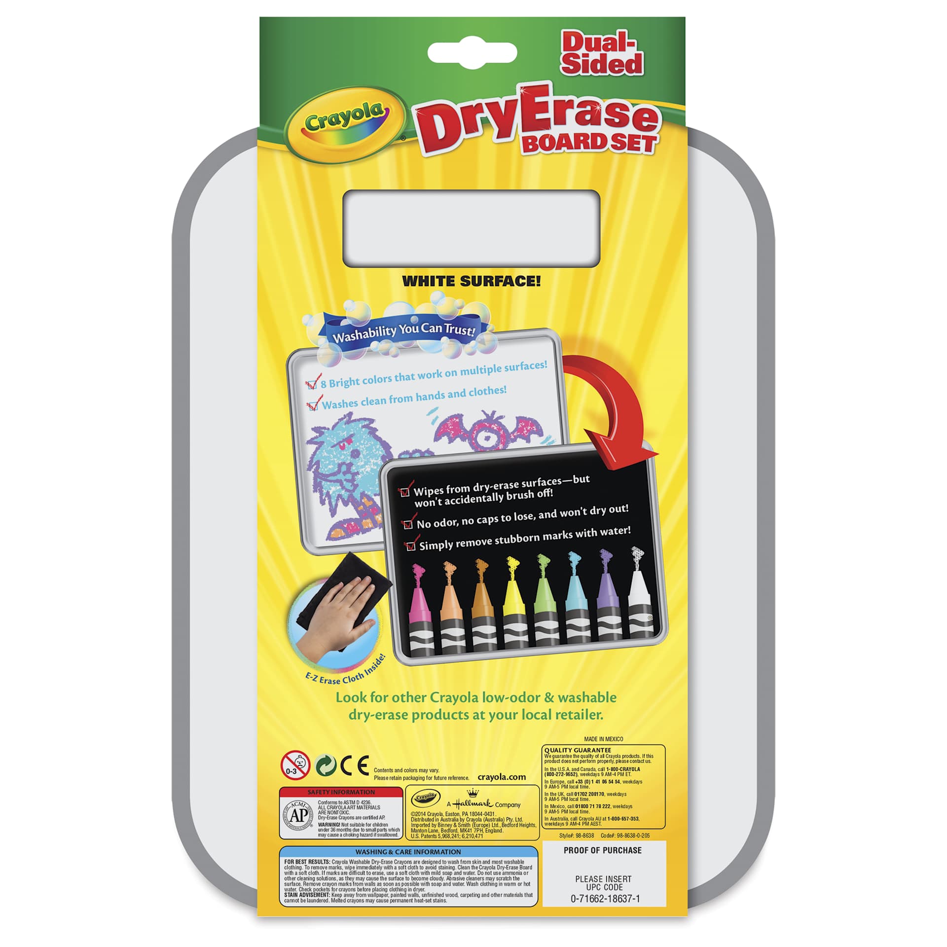 Crayola Washable Dry-Erase Crayons and Board Set, back of the packaging