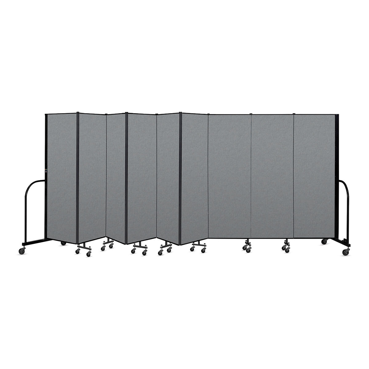 Screenflex Portable Room Dividers - 6 ft x 16 ft, Gray, 9 Panel - with half of the divider partially folded