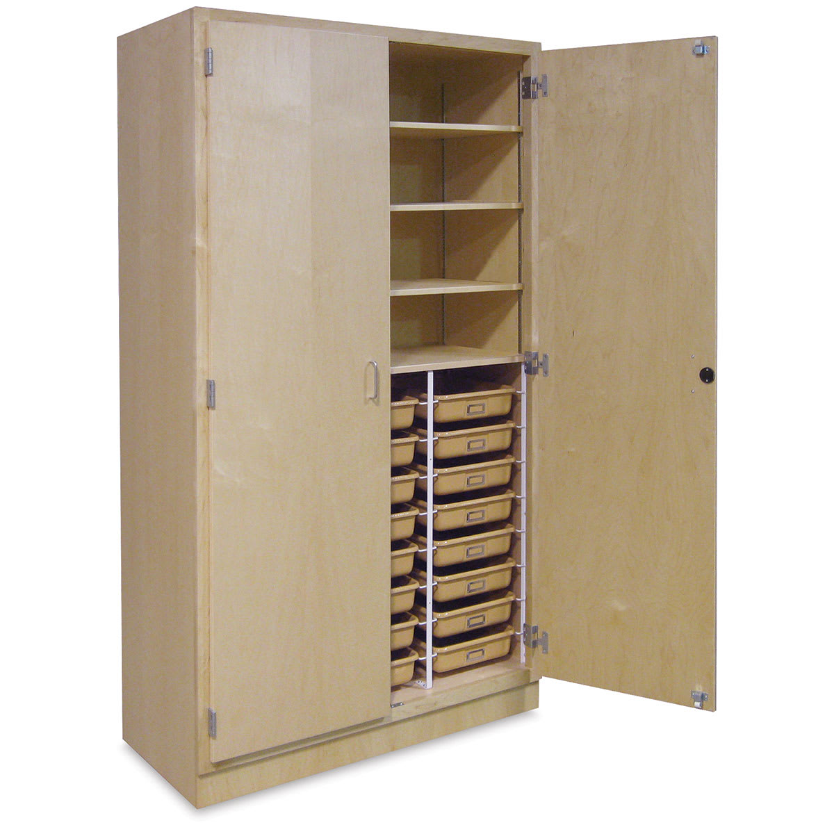 Hann Tote Tray Storage Cabinet with 24 Trays Left Front Angle Open Door
