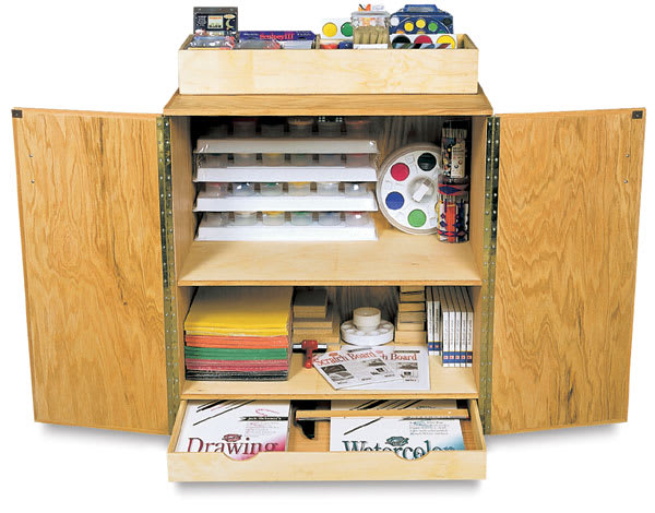 Best Art Cart - Front view open and accessorized with supplies, not included