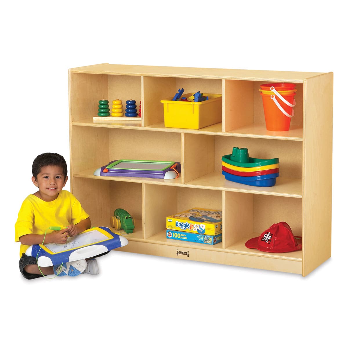 Jonti-Craft Mobile Storage Cabinet - Super-Sized (toys not included) - child next to cabinet