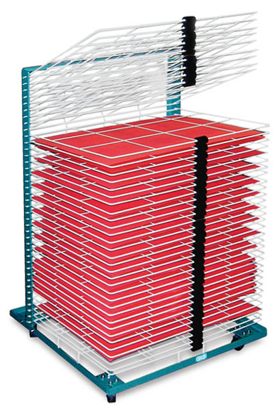 AWT Portable Drying Racks - 20" x 26" Rack with nine racks lifted, rest holding red paper AWT Portable Drying Racks - 20" x 26" Rack with nine racks lifted, rest holding red paper