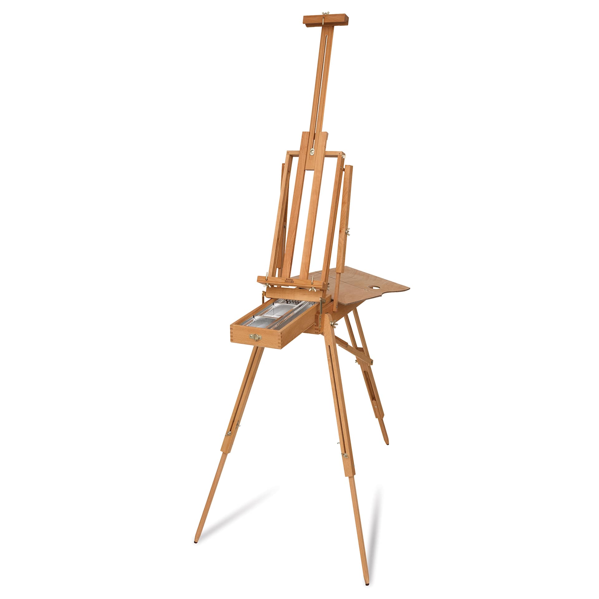 Blick Half French Easel by Jullian, easel with foldable palette shown and adjustable mast extended