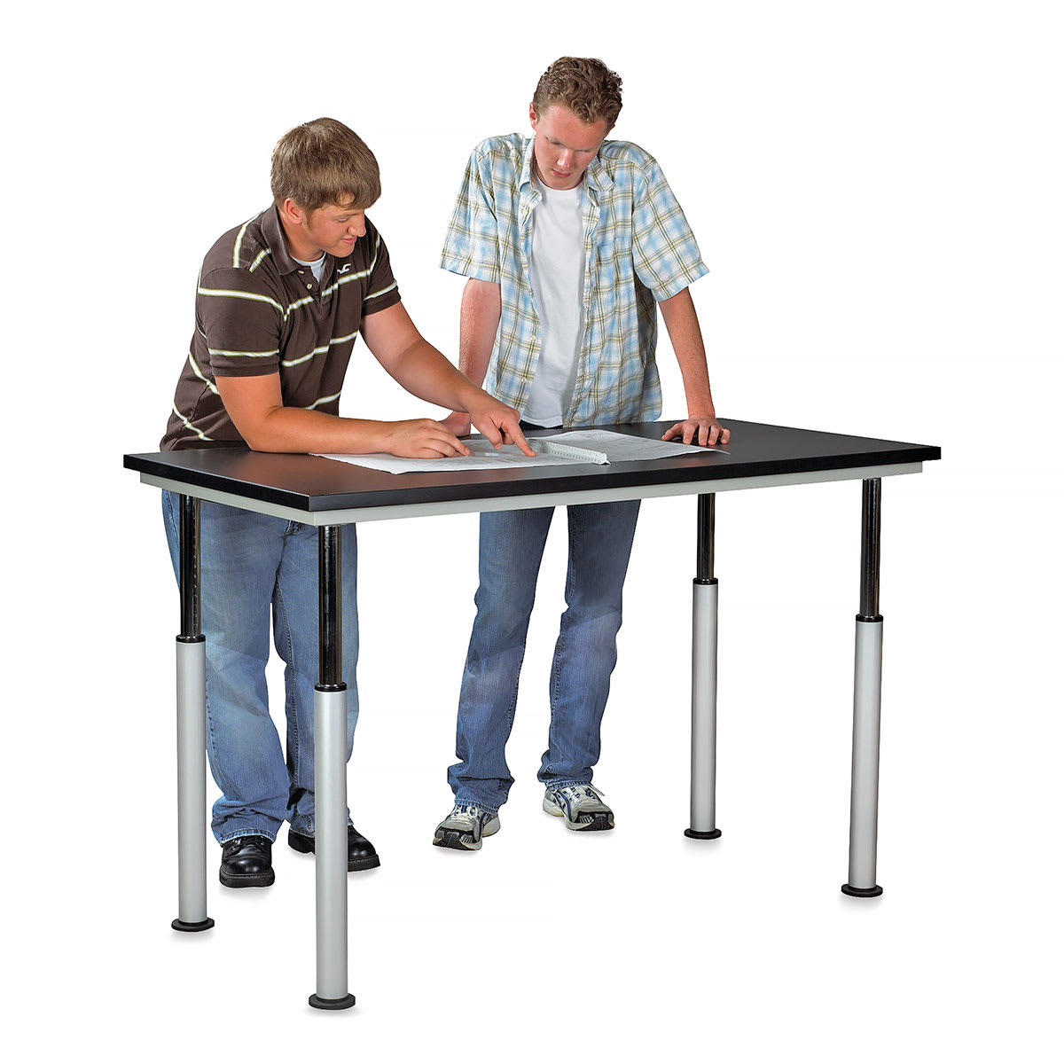 Diversified Spaces Shop-Bilt Adaptable Table - 30", Black Laminate Top - two students standing at raised table