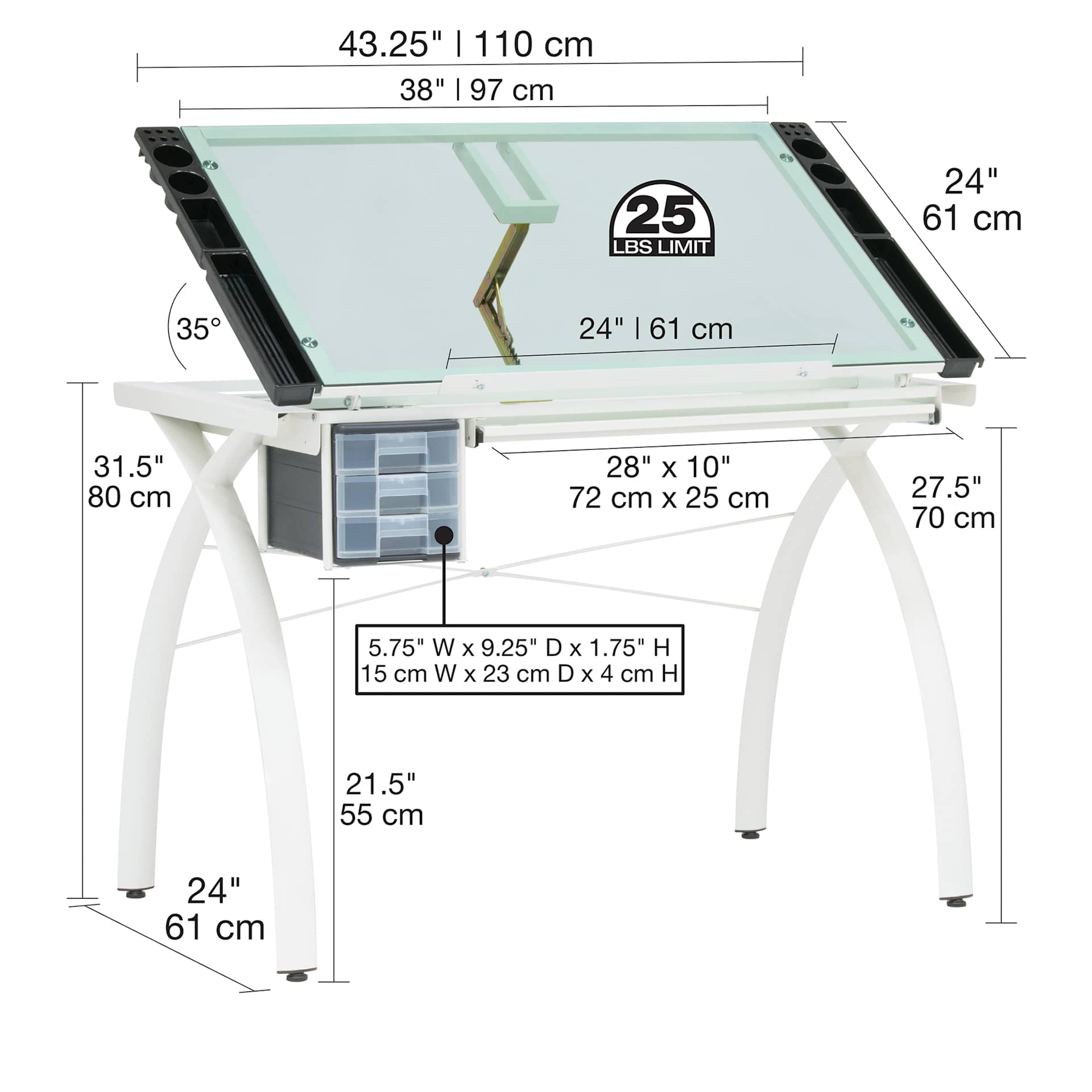 Studio Designs Futura Craft Station - Ivory Frame/Sea Green Glass with dimensions