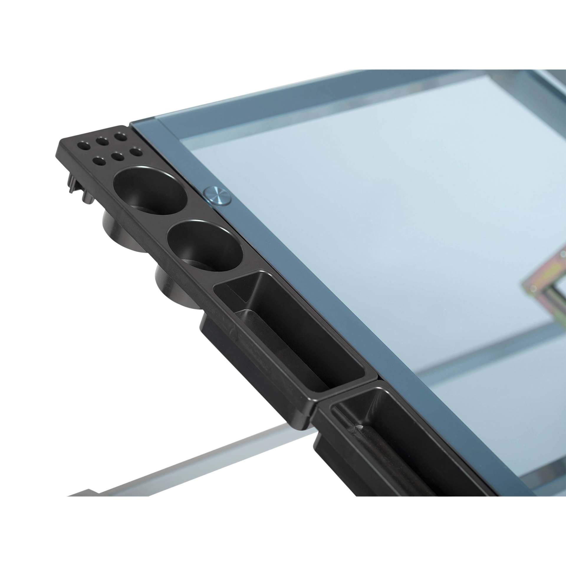 Studio Designs Futura Craft Station - Silver Frame/Blue Glass, close-up of the top