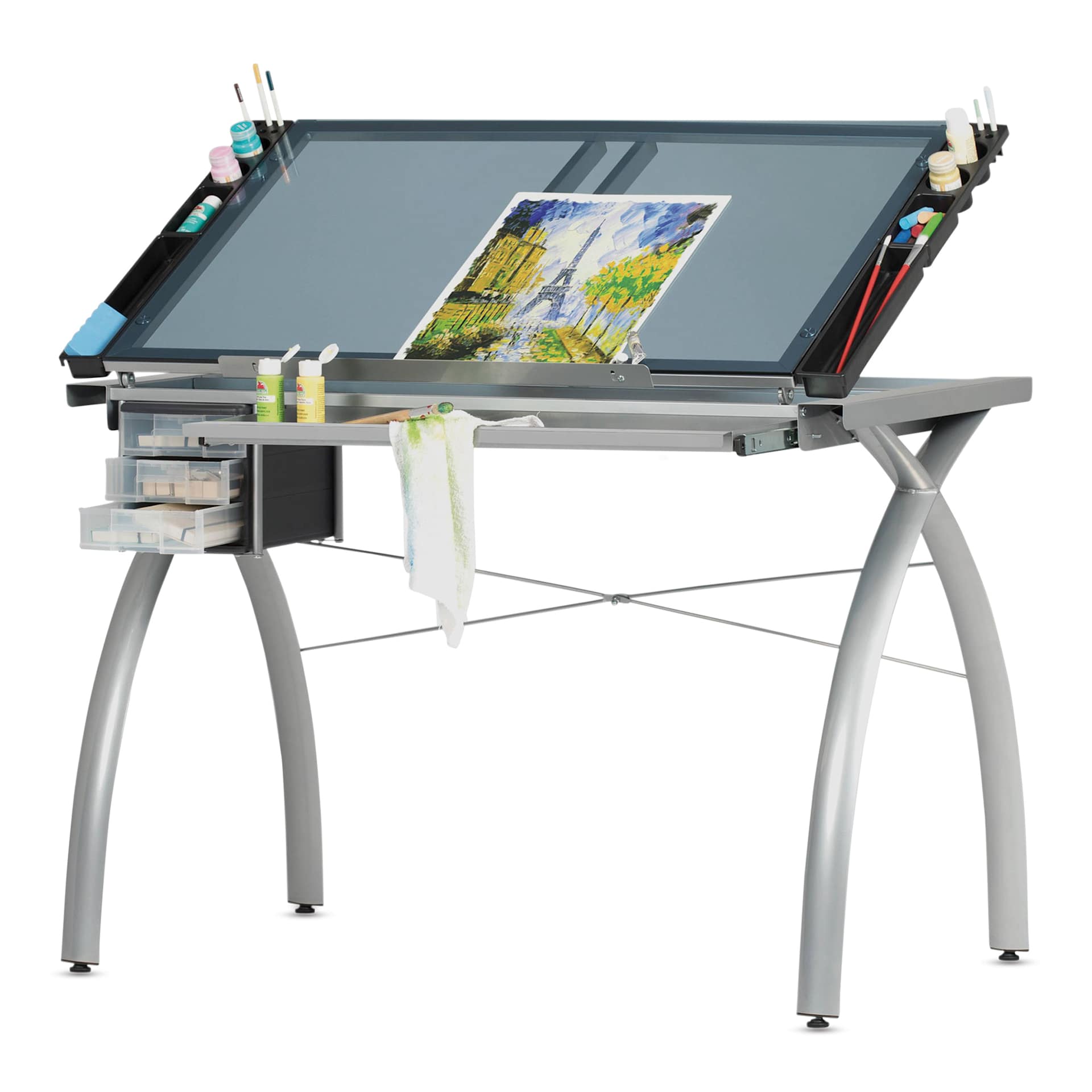 Studio Designs Futura Craft Station - Silver Frame/Blue Glass, with art making tools (not included)