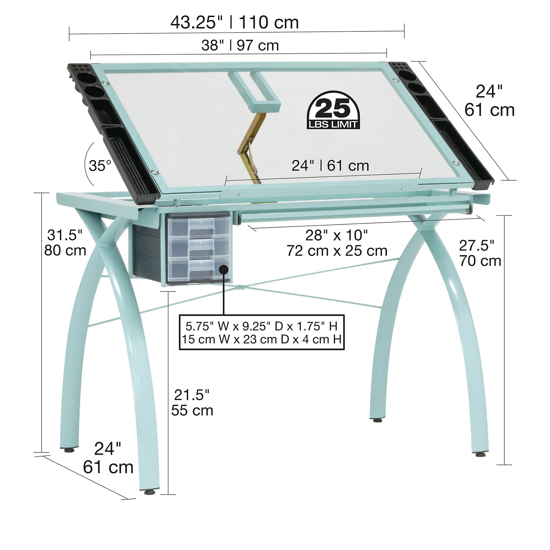 Studio Designs Futura Craft Station - Sage Frame/Clear Glass with dimensions