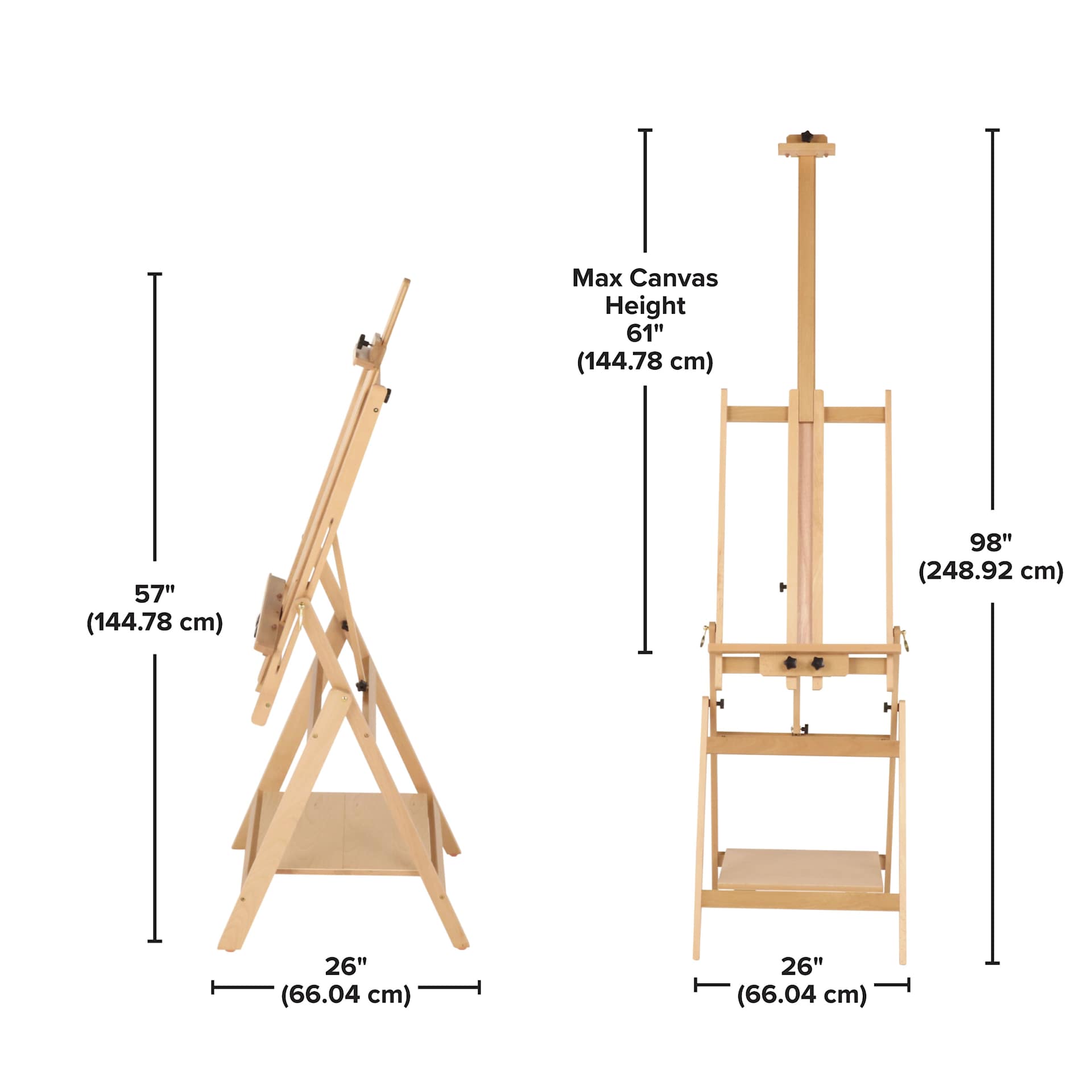 Minimum height 72” (182.88 cm). Maximum height 99” (251.46). Length 21” (53.34cm). Depth 22” (55.88 cm). Holds maximum canvas height 48” (121.92 cm)