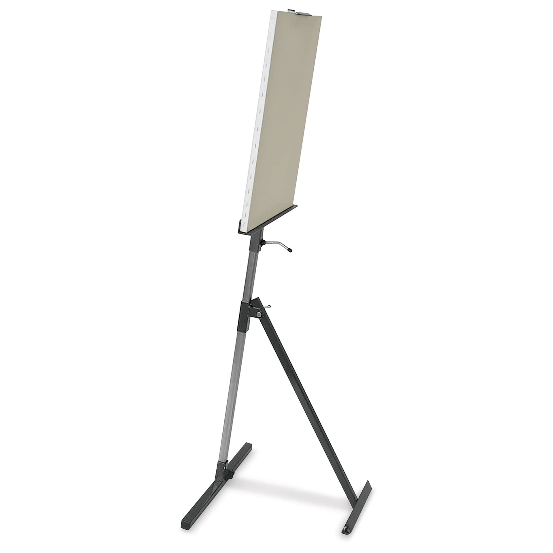 Utrecht Steel Studio Easel, with tray lowered, side view with a canvas