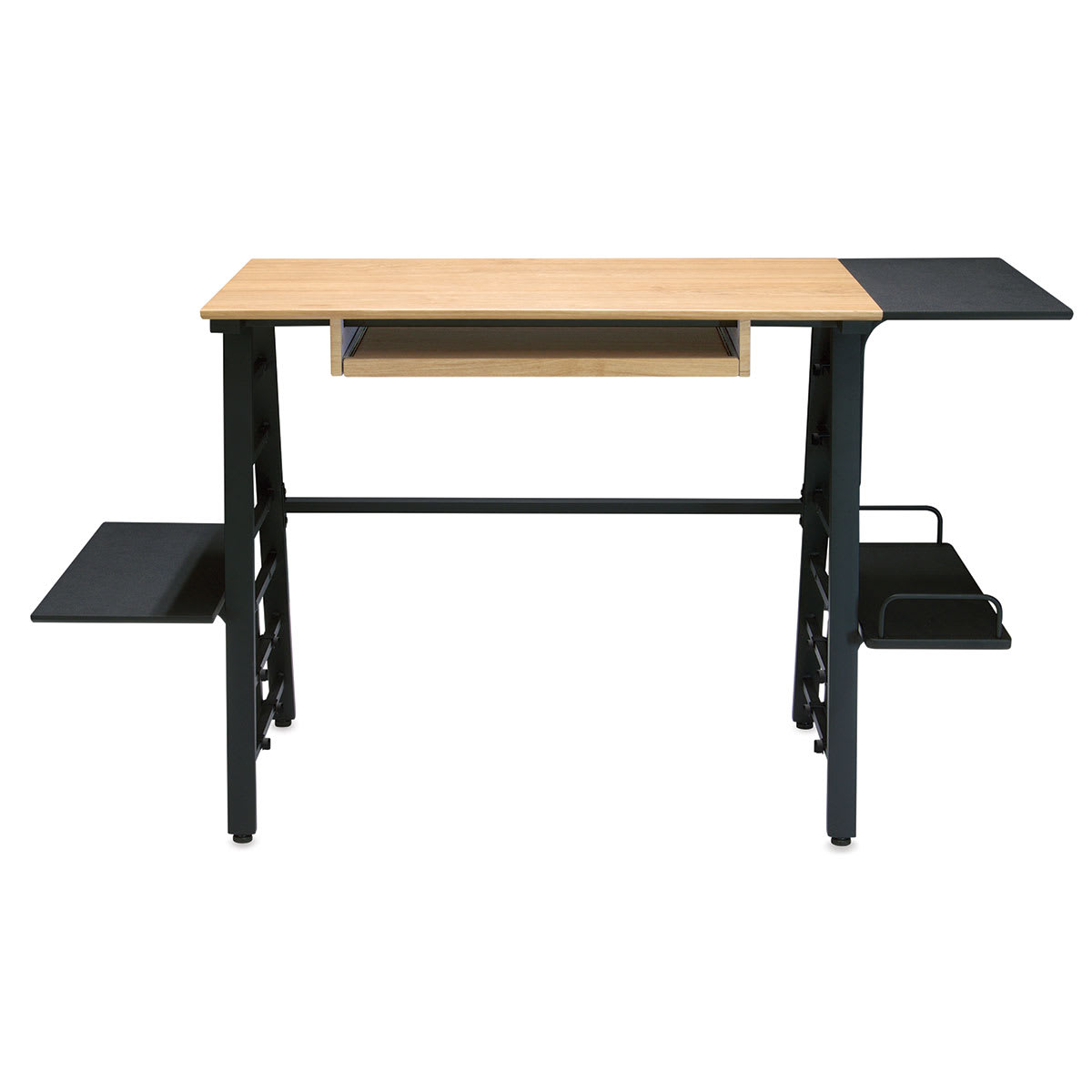 Studio Designs Ashwood Convertible Desk - Front view of desk showing shelves and keyboard storage

