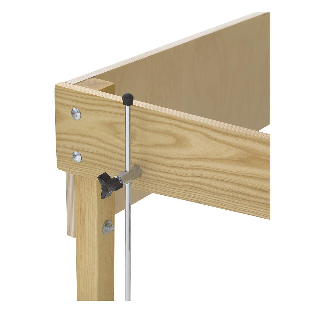 Fox Haase Four-Post Tilt-Top Table - Closeup of side corner showing lifting rod and knob