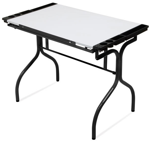 Black/White Top Folding Craft Station - angled view with table top lowered horizontally
