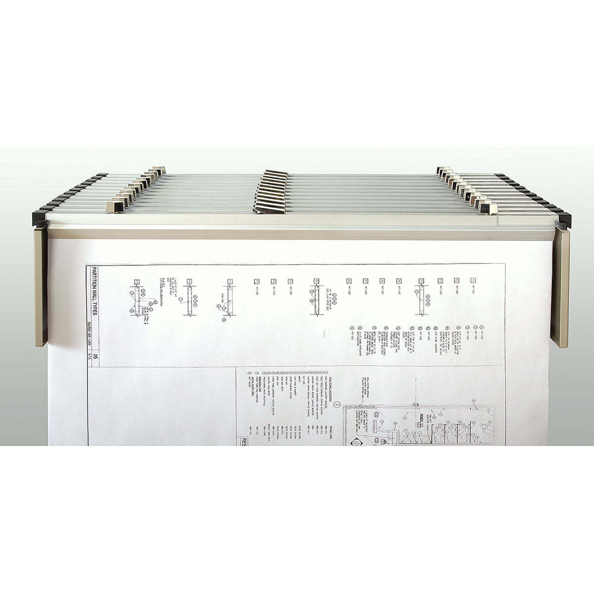 Vertical Files - Front view of Drop Lift Wall Rack with blueprints