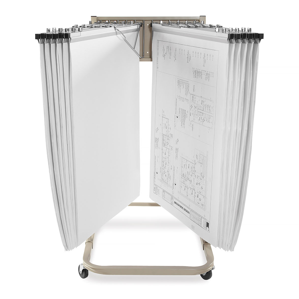 Vertical Files - Front view of Mobile Rack with blueprints spread open