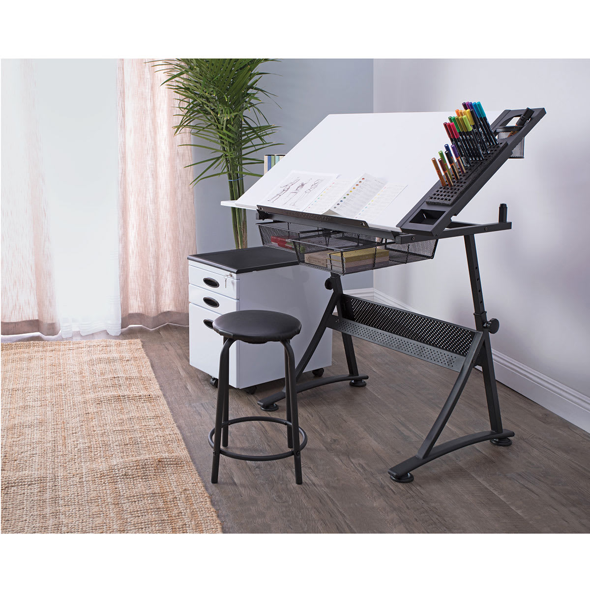 Studio Designs Premier Metal Art Trays - Work Desk shown with 24" tray accessorized with pens
