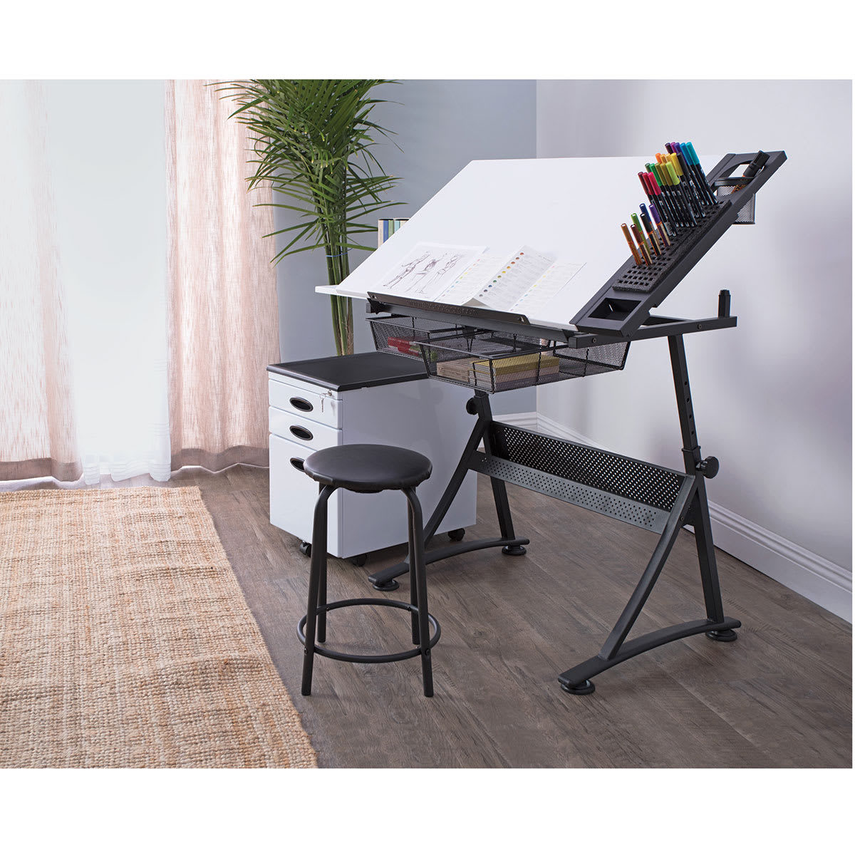 Studio Designs Flexible Foam Organizers - Room view of drafting table with Foam Organizers on side
