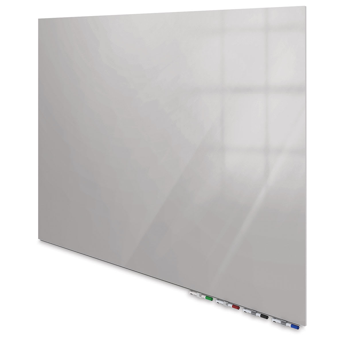 Ghent Aria Magnetic Glassboards - right angled view of gray glassboard showing marker tray 